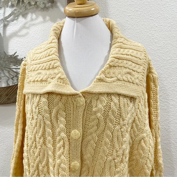 Aran Crafts Cableknit Irish Merino Wool Shawl Collar Cardigan Sweater Yellow - Picture 2 of 7